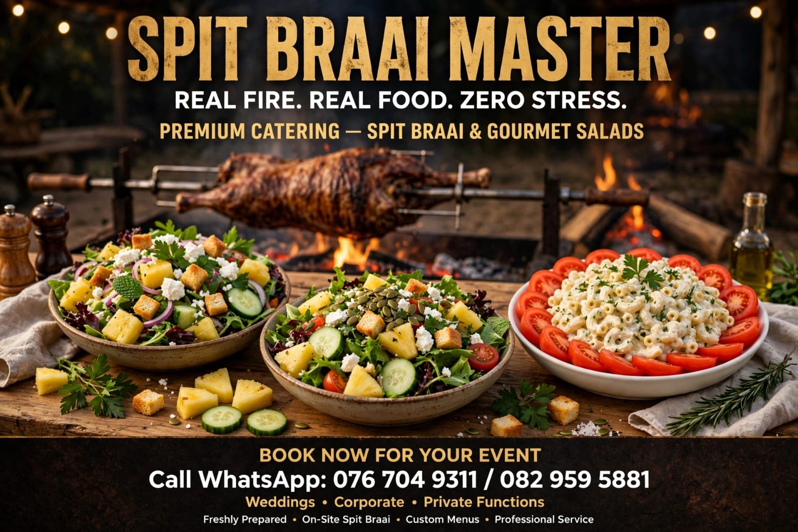Spit Braai Master flyer &mdash; a lamb turning on the spit over the fire behind three gourmet salads. Real fire. Real food. Zero stress. Premium catering: spit braai and gourmet salads. Book now for your event &mdash; call or WhatsApp 076 704 9311 or 082 959 5881.